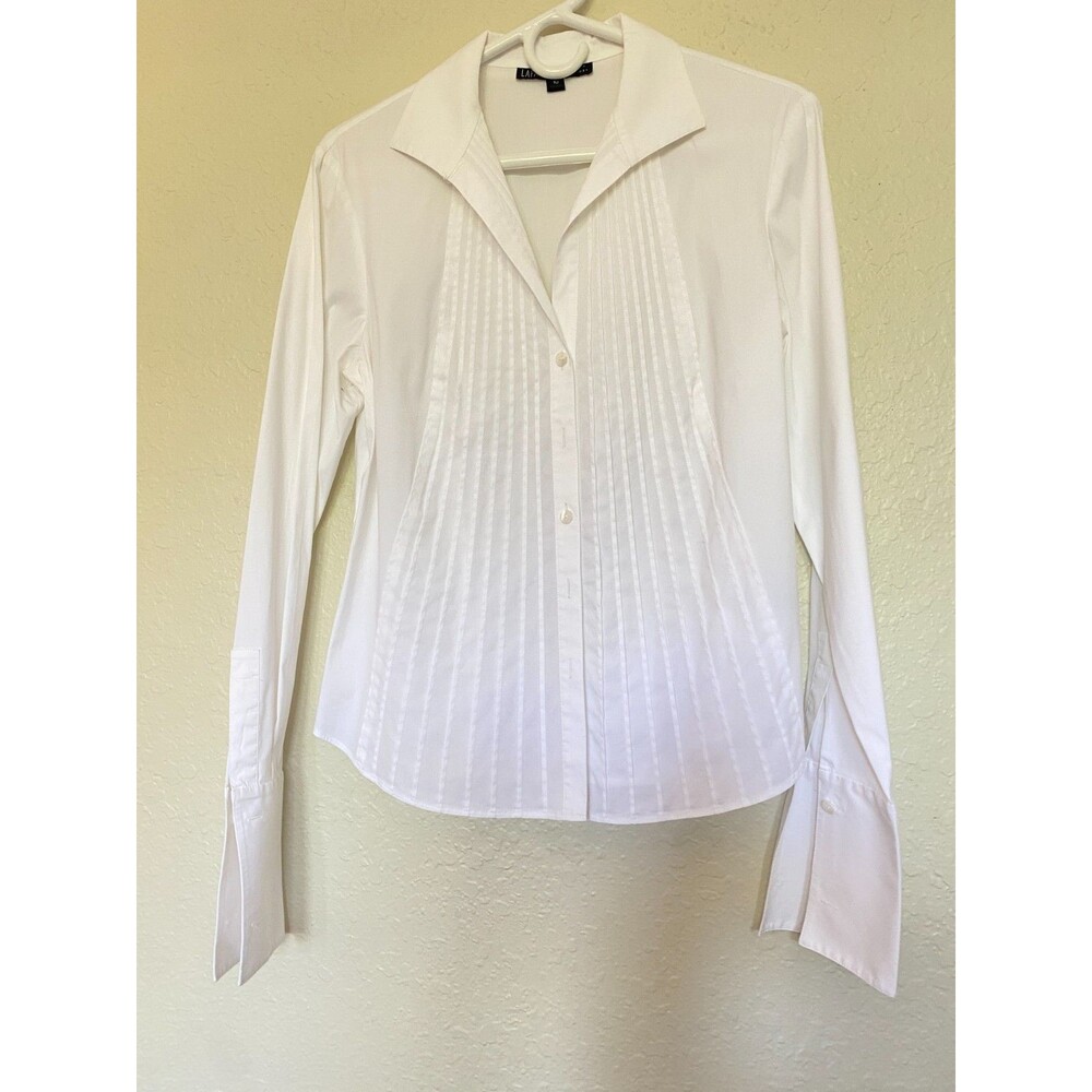Lafayette 148 Cotton Blend tuck Button Front Shirt White Sz 10 Pleated Work